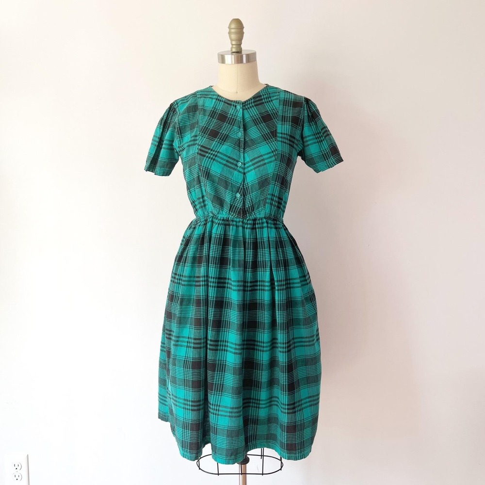 SIZE S 1980s Cotton Plaid Dress, Teal Black Short Sleeve Pocket Elastic Waist